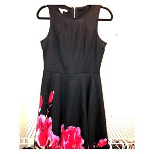 Sleeveless Black Satin Finish Dress w Pink Flowers